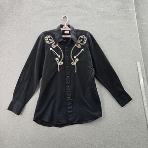VINTAG Ely Cattleman Men Button Up Shirt L Black Floral Front Yoke Embroidery